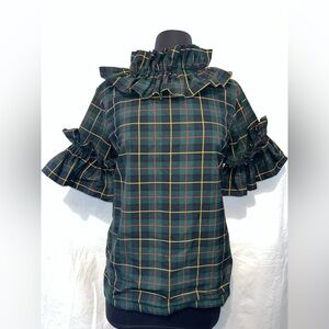 Plaid Ruffle Blouse in Green and Yellow